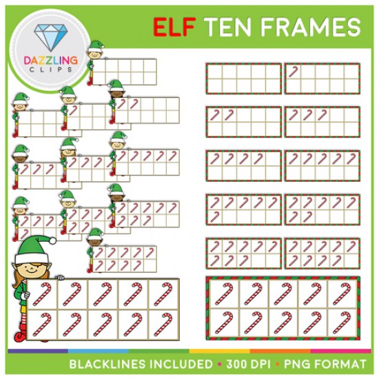 Elf and Candy Cane Ten Frames Clip Art