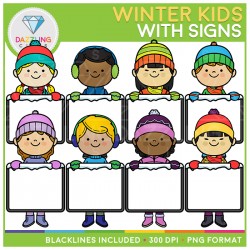 Winter Kids with Signs Clip Art