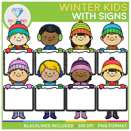 Winter Kids with Signs Clip Art