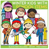 Winter Kids with School Items Clip Art