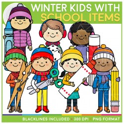 Winter Kids with School Items Clip Art