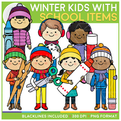 Winter Kids with School Items Clip Art