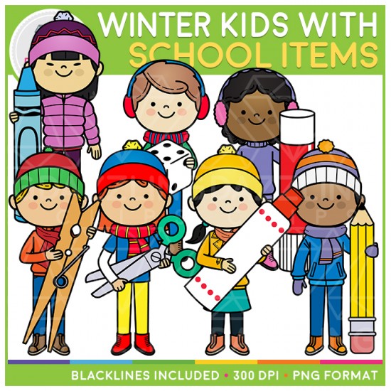 Winter Kids with School Items Clip Art